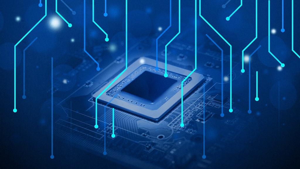 Quantum computing processor with glowing qubits and complex circuit patterns